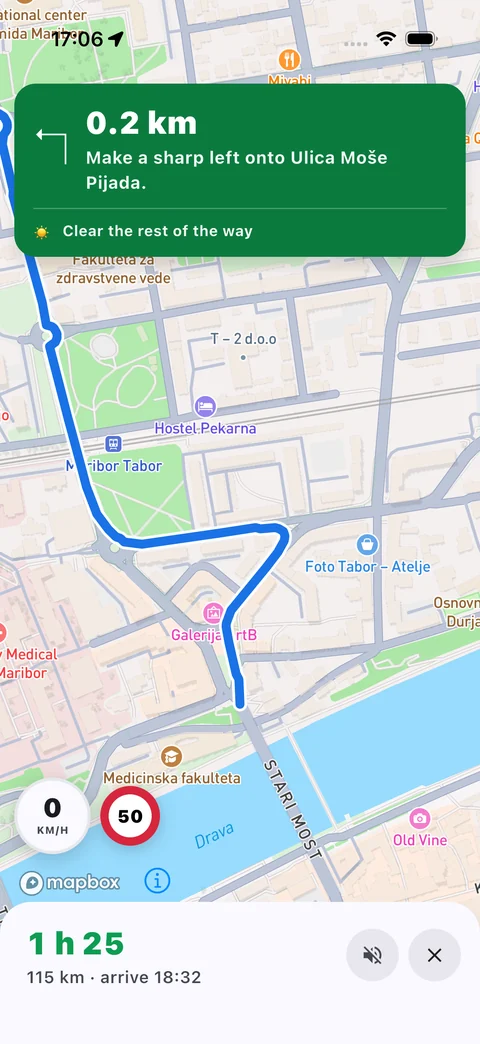 Vedro guidance screen: a green banner reading 0.2 km, make a sharp left onto Ulica Moše Pijada, with the line clear the rest of the way, plus current speed, the 50 km/h limit, and 1 h 25 to arrival at 18:32