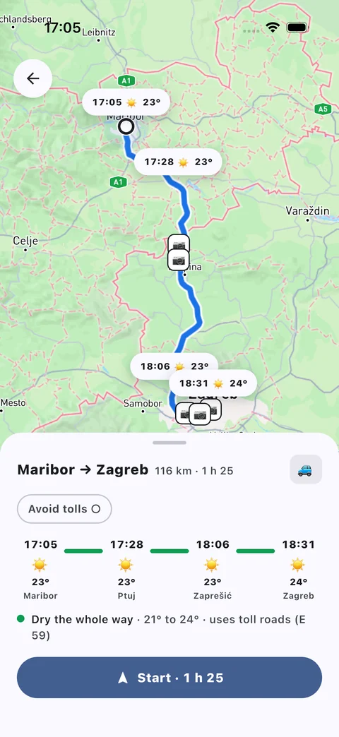 Vedro route preview: Maribor to Zagreb, 116 km in 1 h 25, with pass-time weather chips along the painted route and a strip reading 17:05 Maribor 23 degrees, 17:28 Ptuj 23 degrees, 18:06 Zaprešić 23 degrees, 18:31 Zagreb 24 degrees